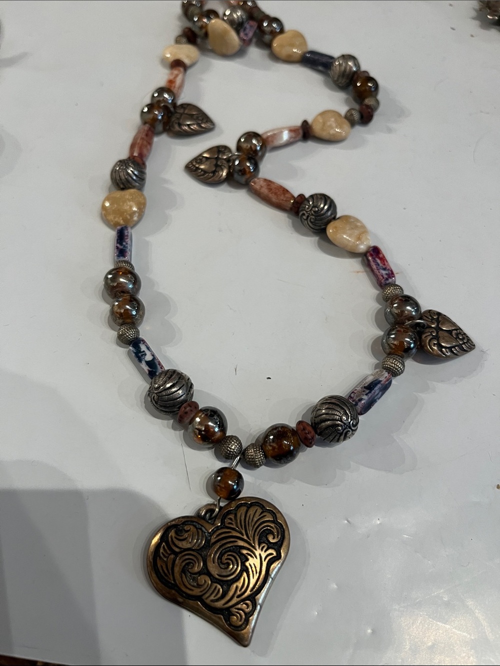 Jasper heartsHandcrafted Bronze Pendant Beaded Necklace in Brown and Cream